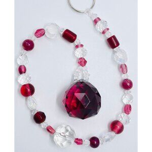 Beaded Suncatcher Clear & Maroon Crystal Prism Hanging Patio Decor Yard Art